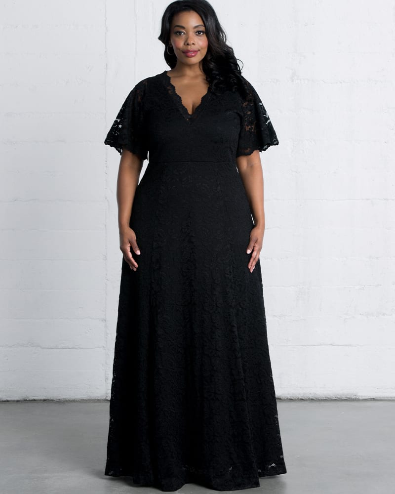 Front of a model wearing a size 5X Symphony Lace Evening Gown in ONYX by Kiyonna. | dia_product_style_image_id:245442